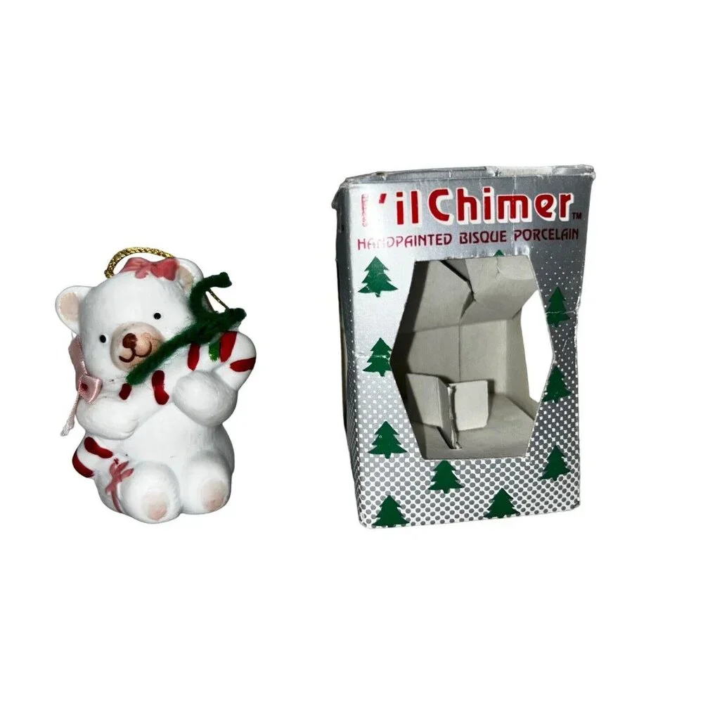 Vintage Lil Chimers Christmas Ornament Jasco Bisque Porcelain Polar Bear Bell